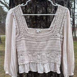 American Eagle Outfitters Boho Cream Granny Square Crochet Peasant Blouse